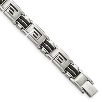Edelstahl Chisel Gebürstet und Poliert Schwarz Gummi Einlage Greek Key 8.5 Zoll Armband