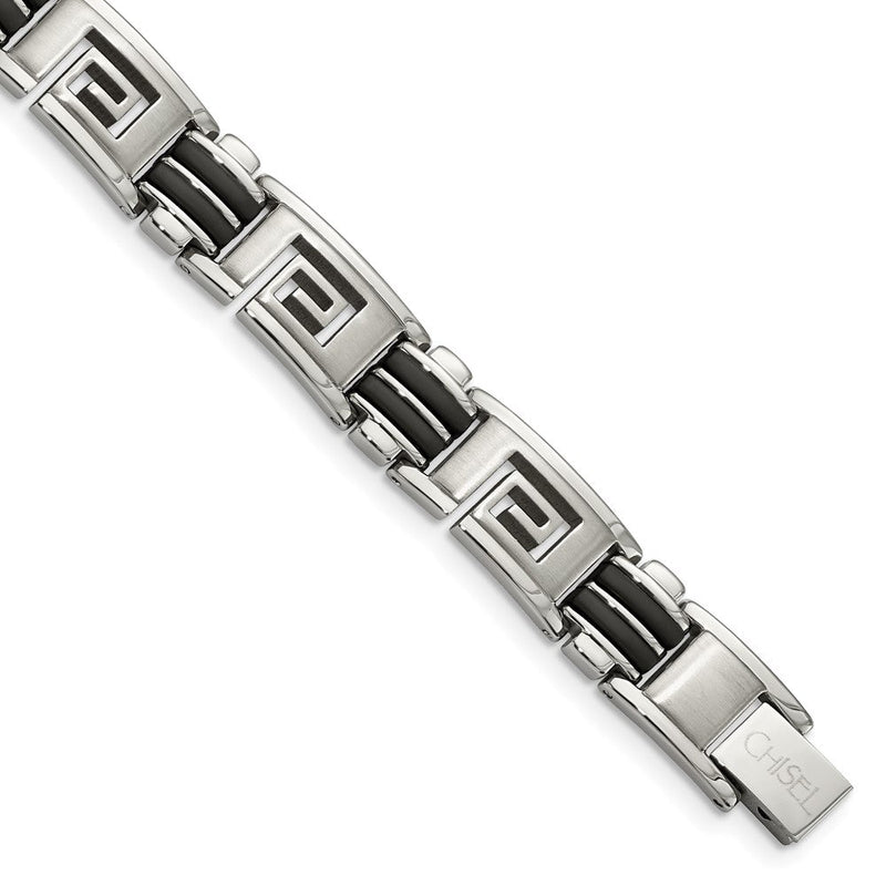 Edelstahl Chisel Gebürstet und Poliert Schwarz Gummi Einlage Greek Key 8.5 Zoll Armband
