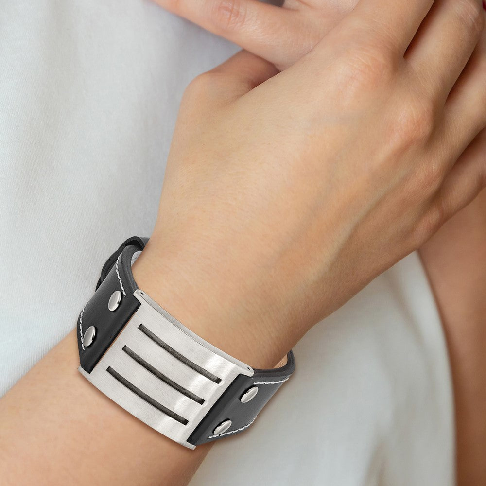 8.75 Zoll Edelstahl Gebürstet Schwarz Leder Verstellbar Schnalle 8.75 Zoll Armband