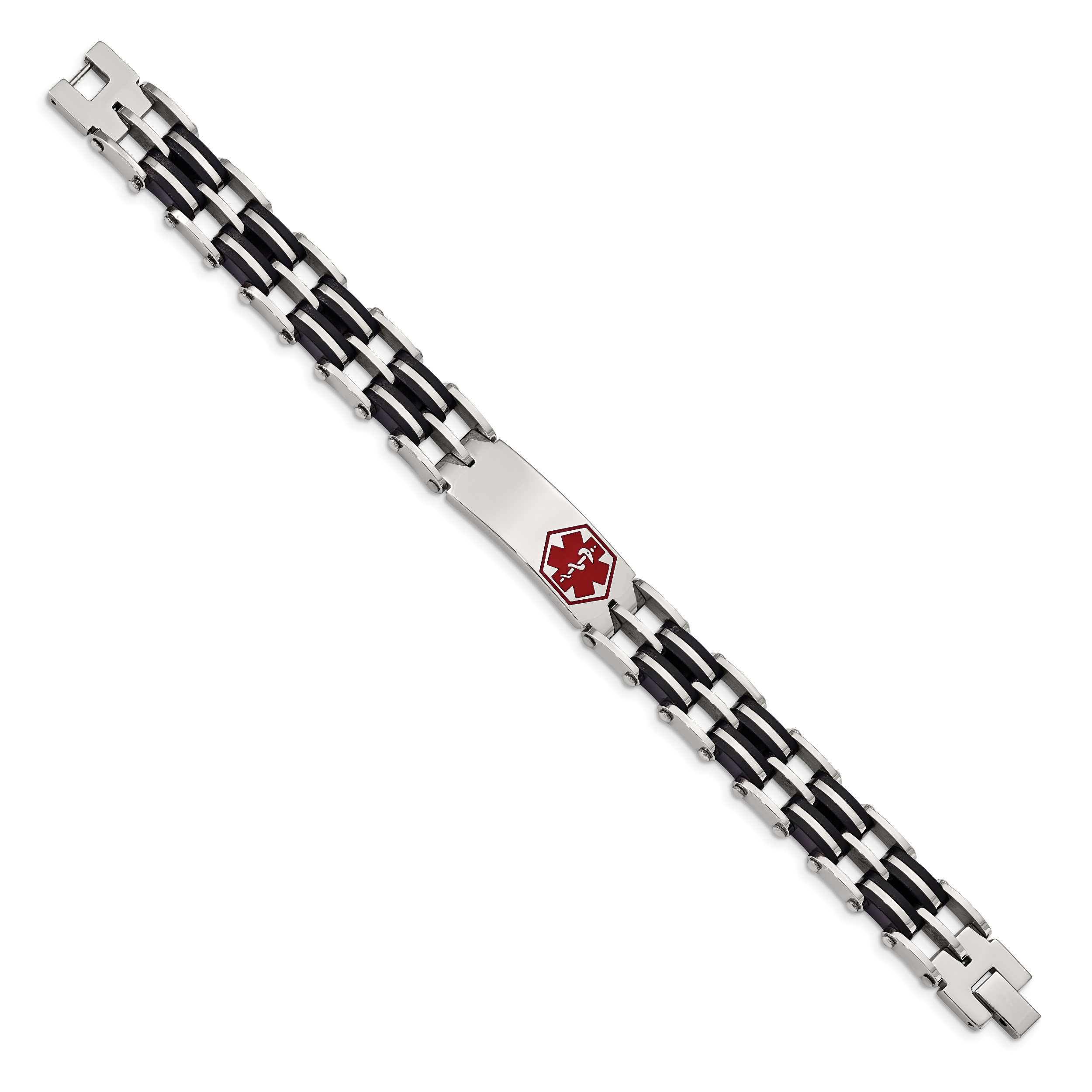 Edelstahl Chisel Poliert mit Rot Emaille und Schwarz Gummi Medizinisch Id 8.25 Zoll Glieder Armband
