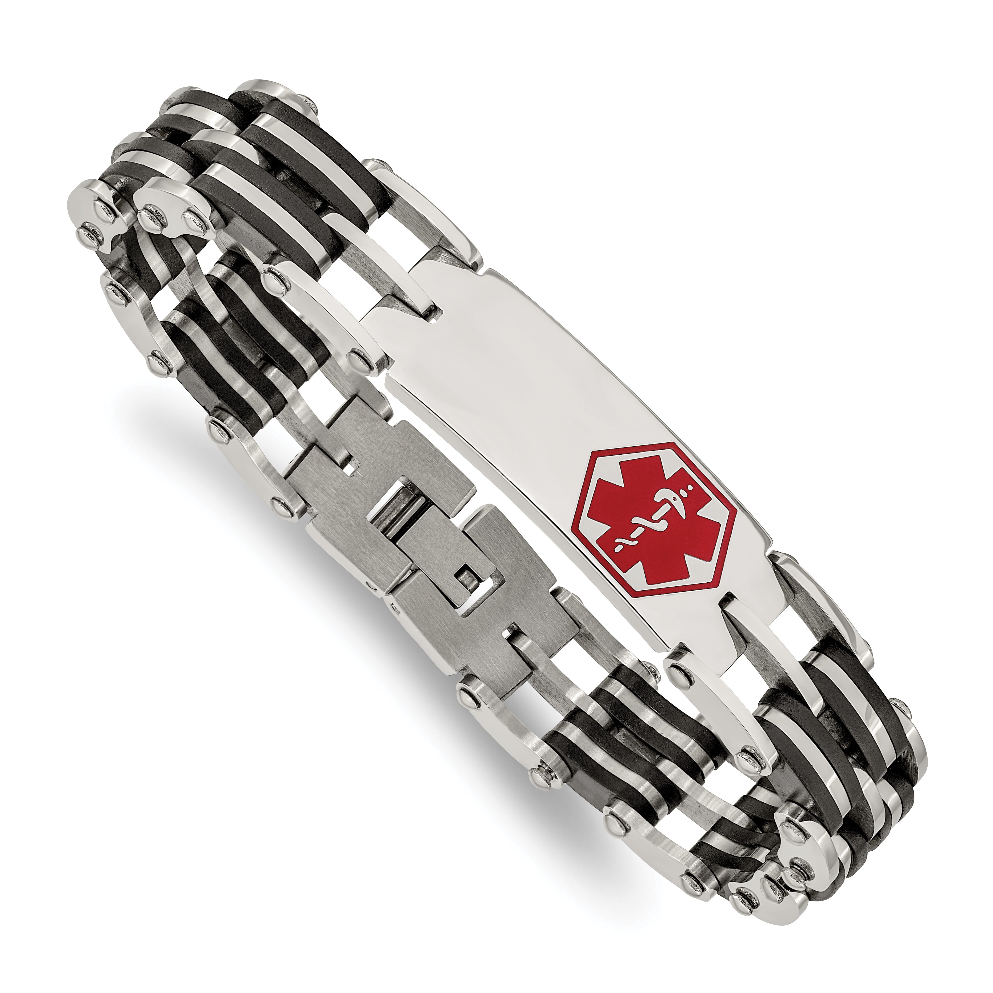 Edelstahl Chisel Poliert mit Rot Emaille und Schwarz Gummi Medizinisch Id 8.25 Zoll Glieder Armband