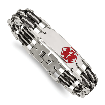 Edelstahl Chisel Poliert mit Rot Emaille und Schwarz Gummi Medizinisch Id 8.25 Zoll Glieder Armband