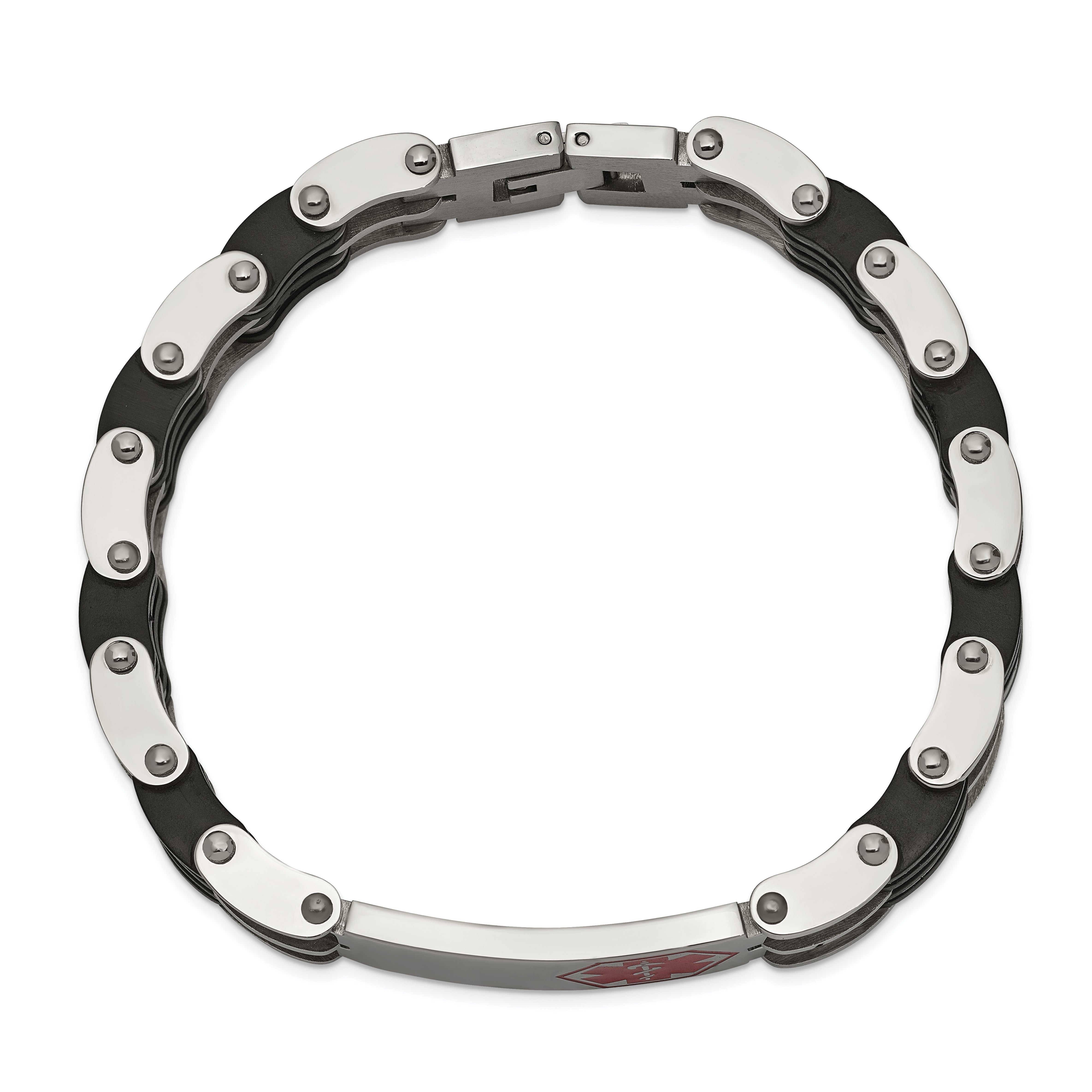 Edelstahl Chisel Poliert mit Rot Emaille und Schwarz Gummi Medizinisch Id 8.25 Zoll Glieder Armband