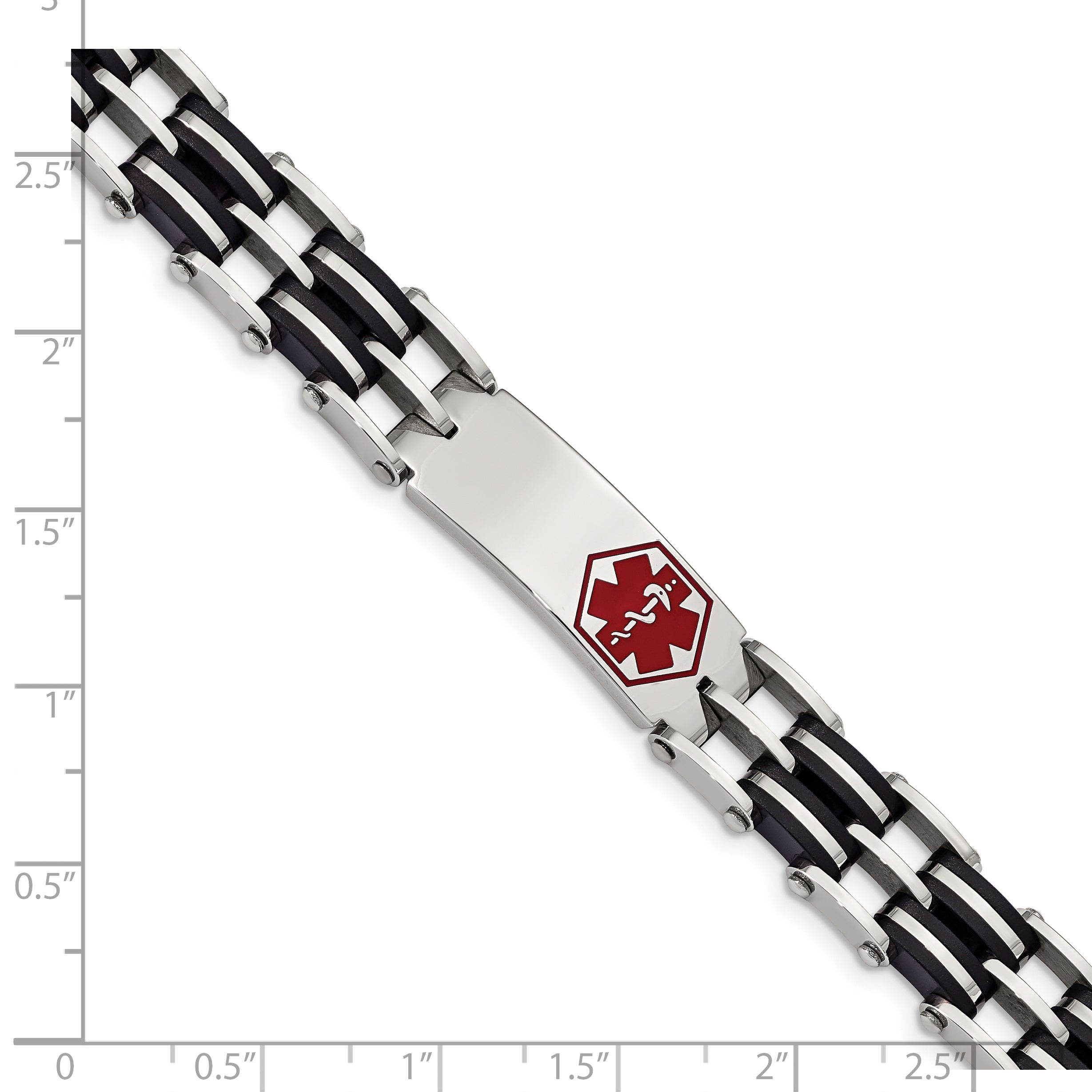 Edelstahl Chisel Poliert mit Rot Emaille und Schwarz Gummi Medizinisch Id 8.25 Zoll Glieder Armband