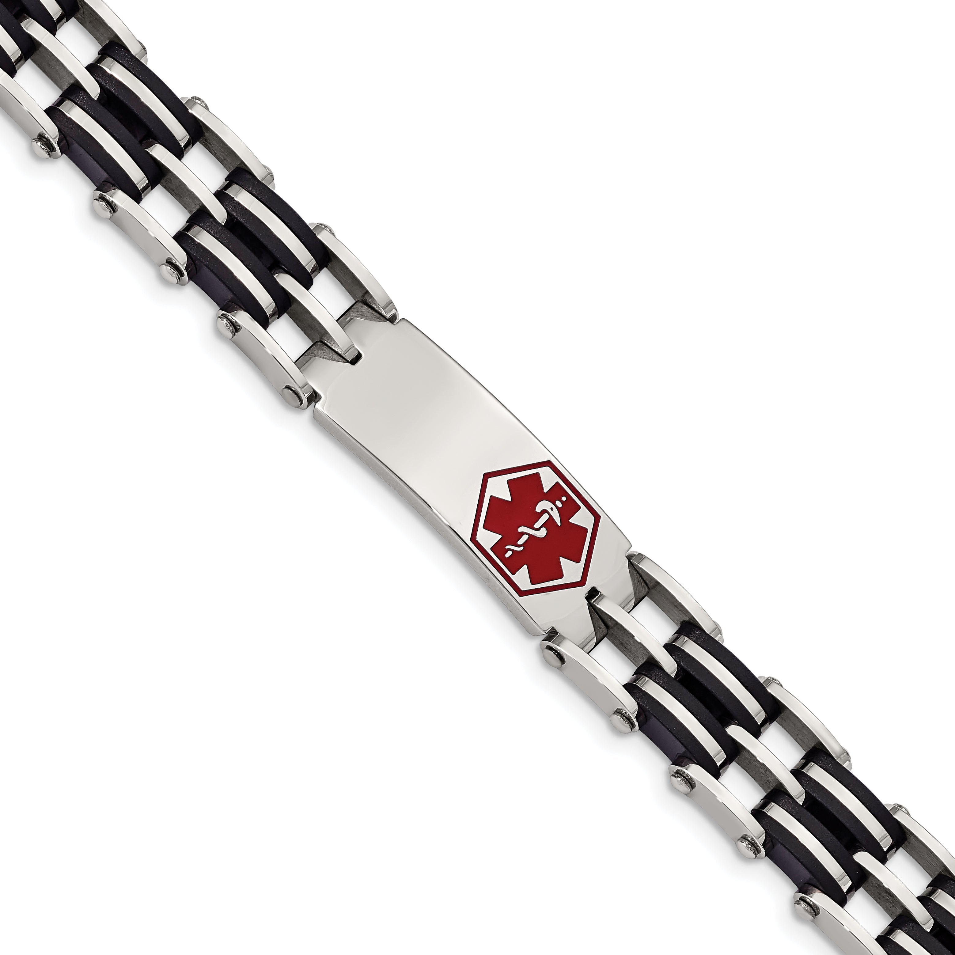 Edelstahl Chisel Poliert mit Rot Emaille und Schwarz Gummi Medizinisch Id 8.25 Zoll Glieder Armband