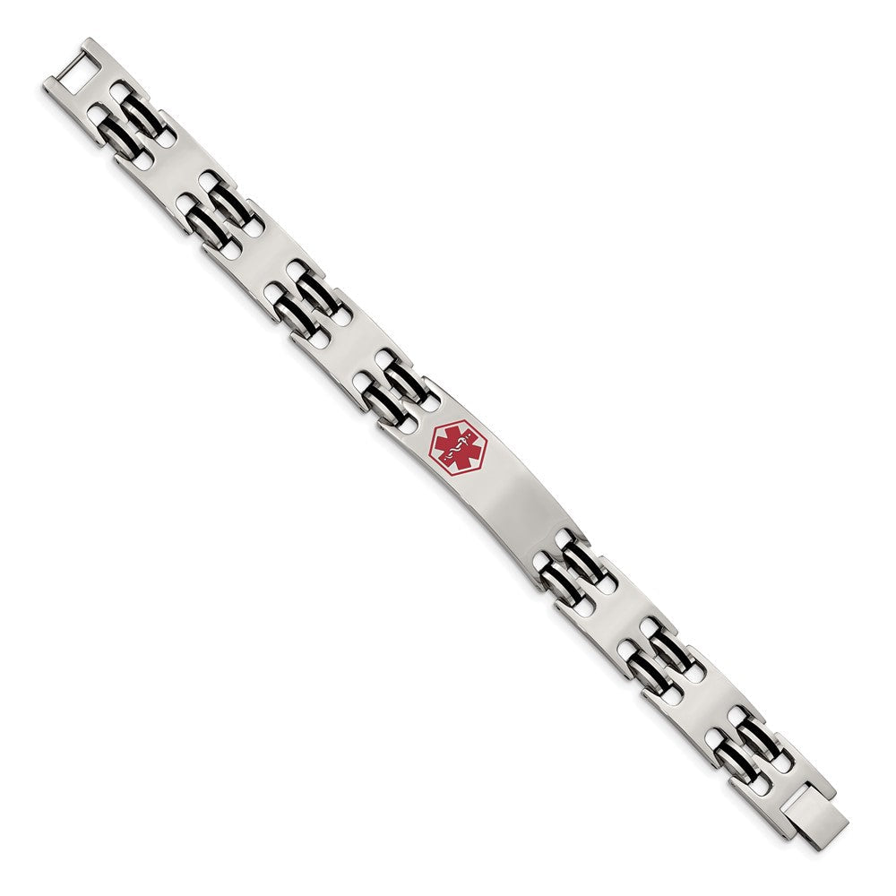 Edelstahl Chisel Poliert mit Rot Emaille und Schwarz Gummi Medizinisch Id 8.25 Zoll Armband