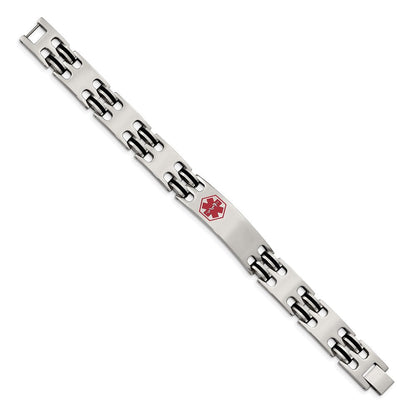 Edelstahl Chisel Poliert mit Rot Emaille und Schwarz Gummi Medizinisch Id 8.25 Zoll Armband