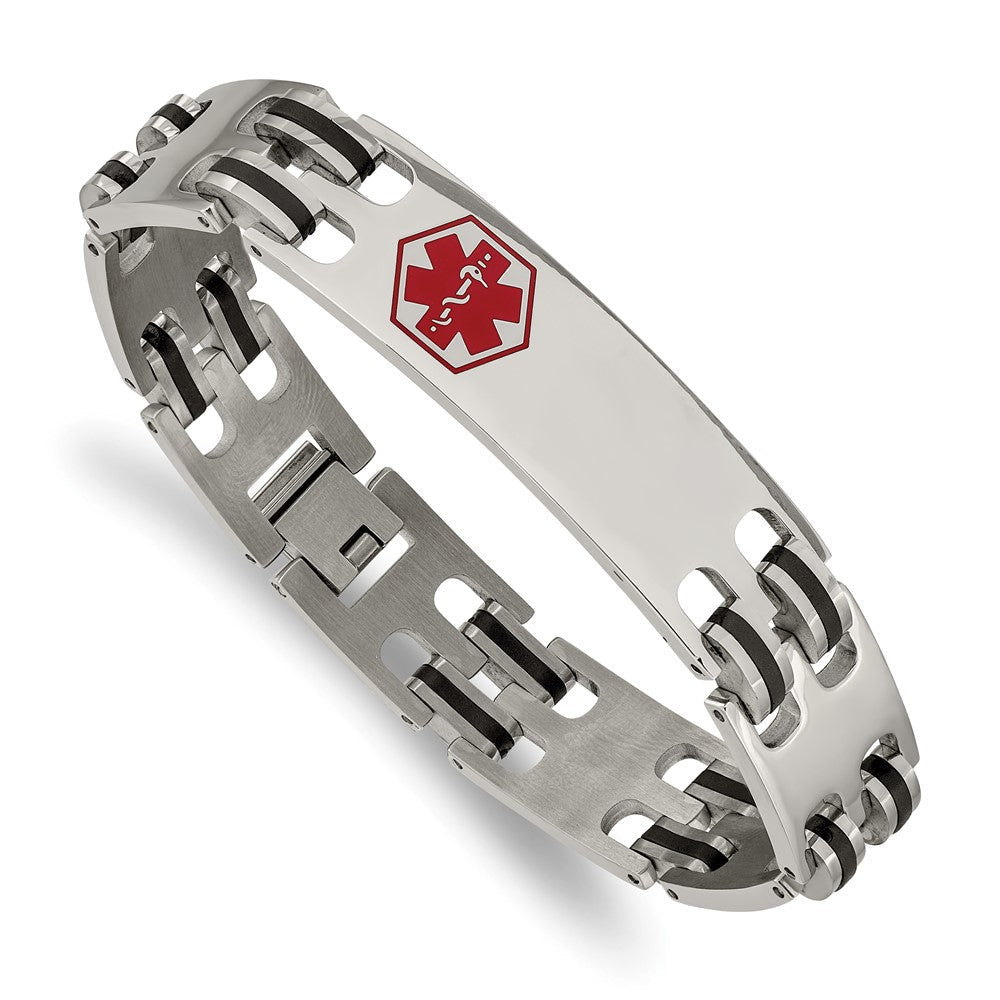 Edelstahl Chisel Poliert mit Rot Emaille und Schwarz Gummi Medizinisch Id 8.25 Zoll Armband