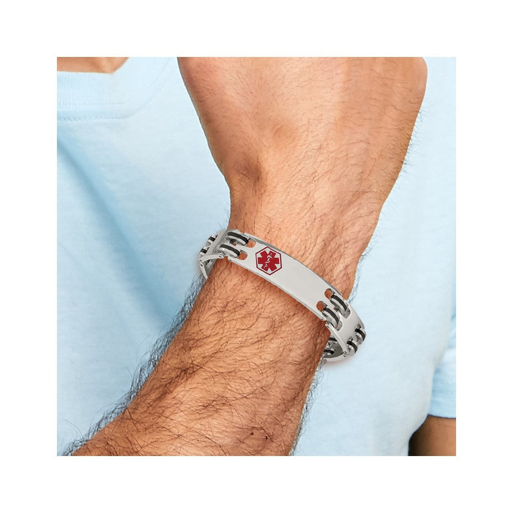 Edelstahl Chisel Poliert mit Rot Emaille und Schwarz Gummi Medizinisch Id 8.25 Zoll Armband