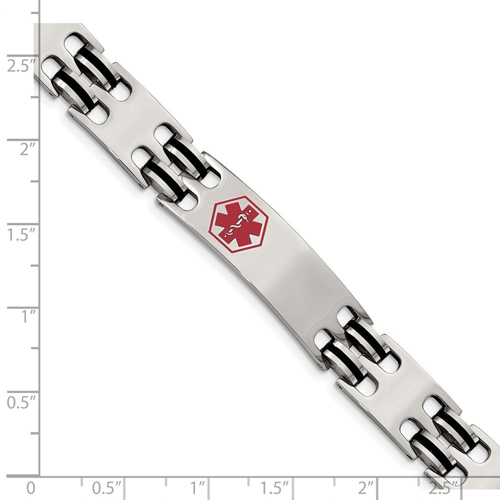 Edelstahl Chisel Poliert mit Rot Emaille und Schwarz Gummi Medizinisch Id 8.25 Zoll Armband
