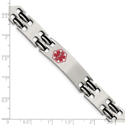 Edelstahl Chisel Poliert mit Rot Emaille und Schwarz Gummi Medizinisch Id 8.25 Zoll Armband
