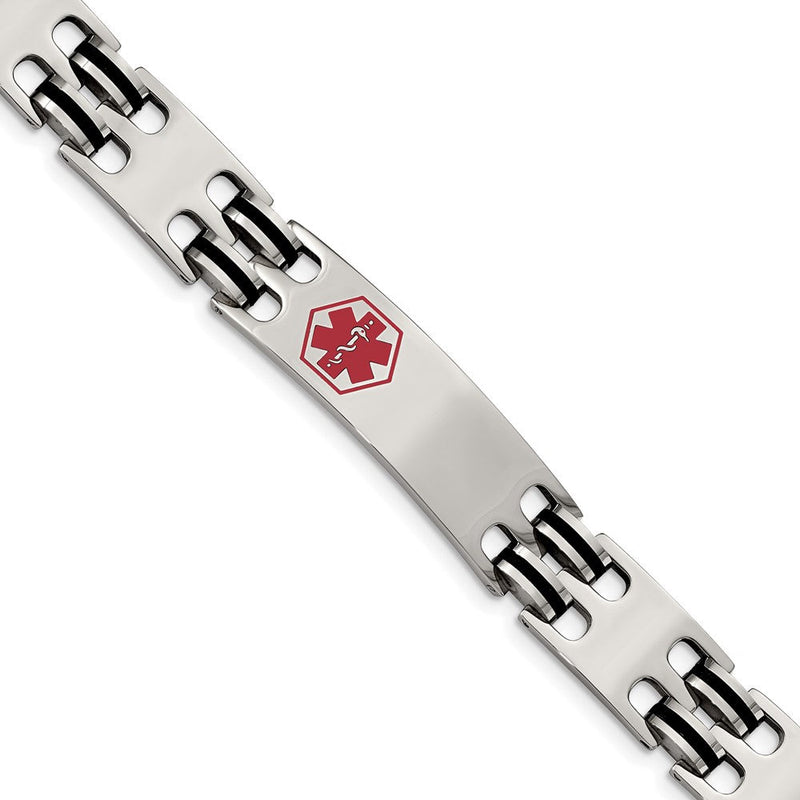 Edelstahl Chisel Poliert mit Rot Emaille und Schwarz Gummi Medizinisch Id 8.25 Zoll Armband