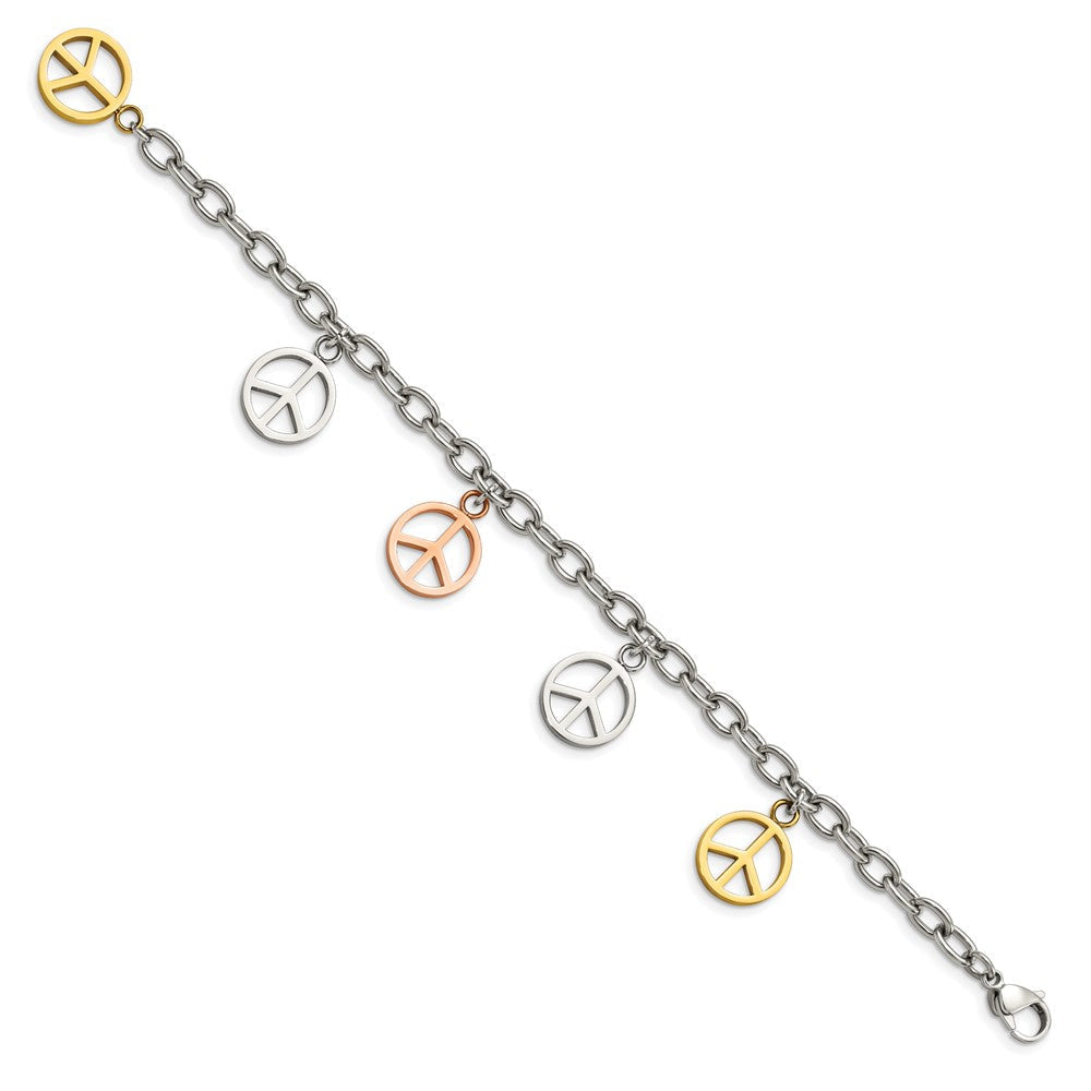 Edelstahl Chisel Poliert Rose und Gelb Ip-beschichtet Frieden Zeichen Charms 8.5 Zoll Armband