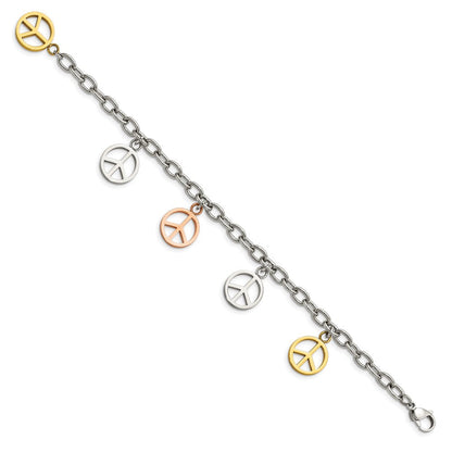 Edelstahl Chisel Poliert Rose und Gelb Ip-beschichtet Frieden Zeichen Charms 8.5 Zoll Armband