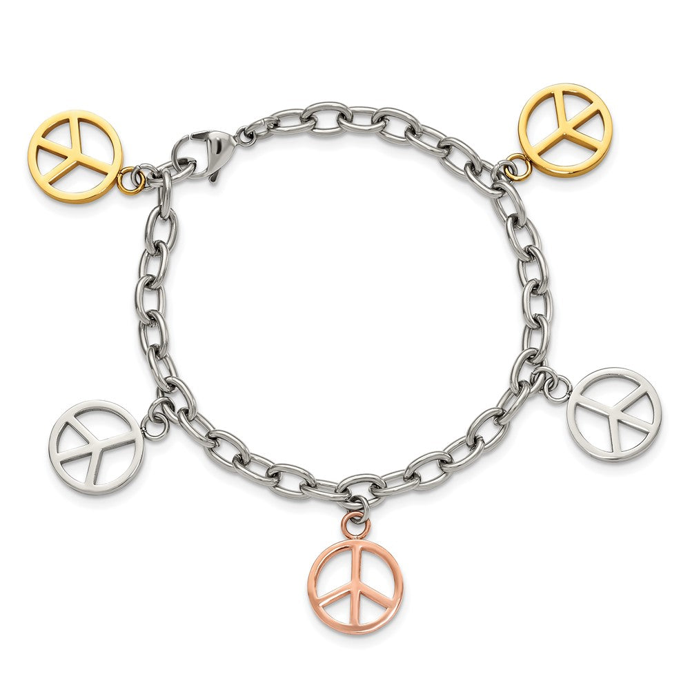 Edelstahl Chisel Poliert Rose und Gelb Ip-beschichtet Frieden Zeichen Charms 8.5 Zoll Armband