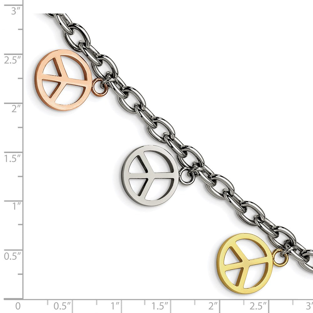 Edelstahl Chisel Poliert Rose und Gelb Ip-beschichtet Frieden Zeichen Charms 8.5 Zoll Armband