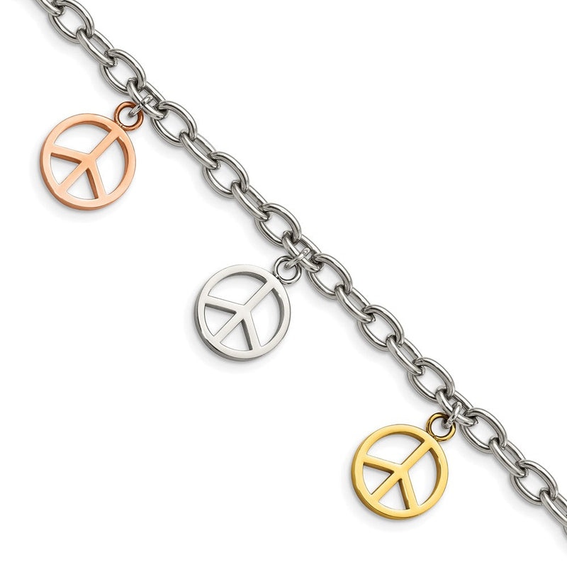 Edelstahl Chisel Poliert Rose und Gelb Ip-beschichtet Frieden Zeichen Charms 8.5 Zoll Armband