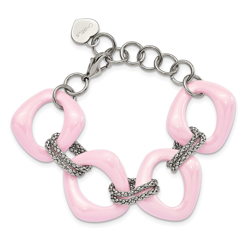 Edelstahl Chisel Poliert mit Rosa Keramik 8 Zoll Offen Glieder Armband