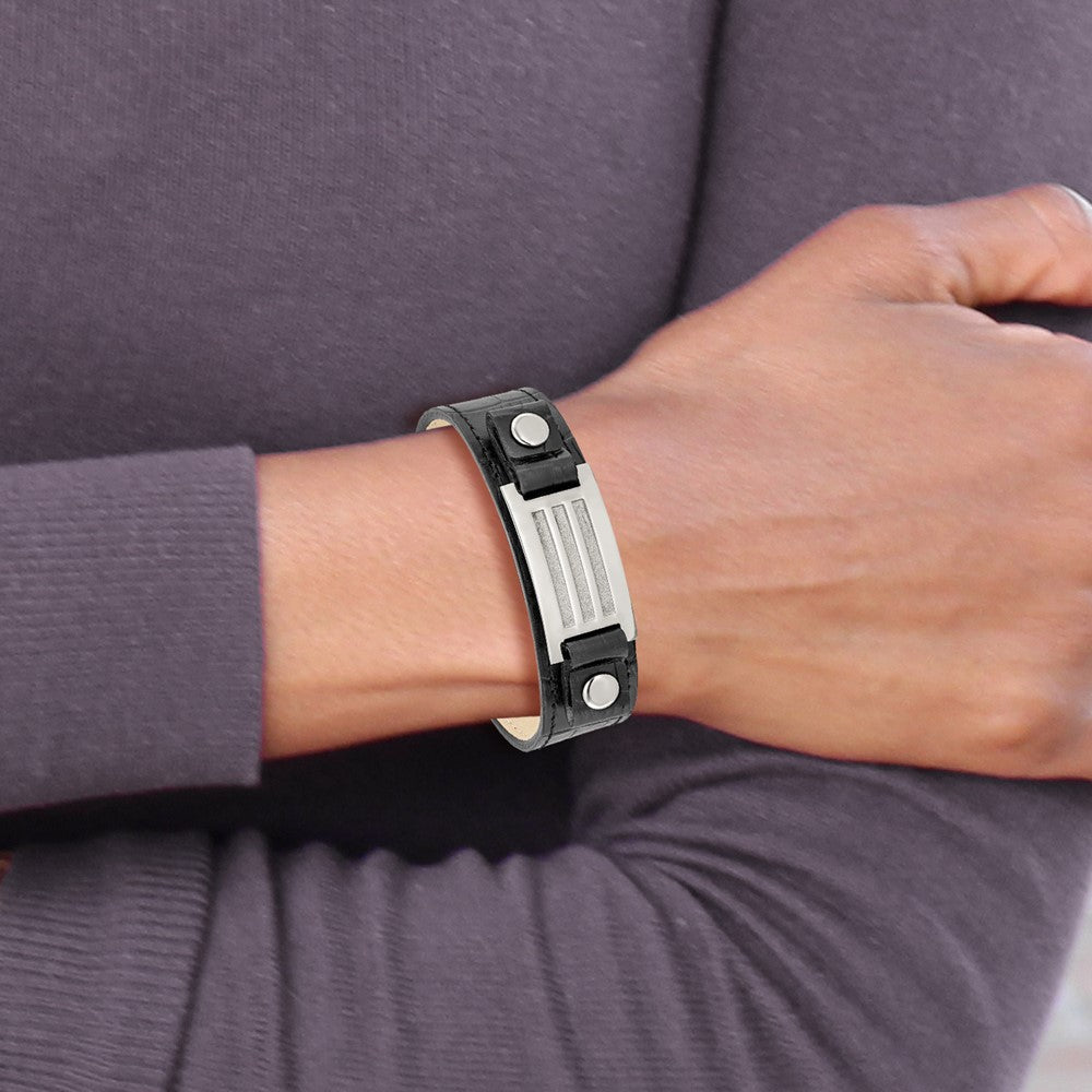 9 Zoll Edelstahl Poliert Schwarz Leder mit Stein Finish 9.5 Zoll Armband