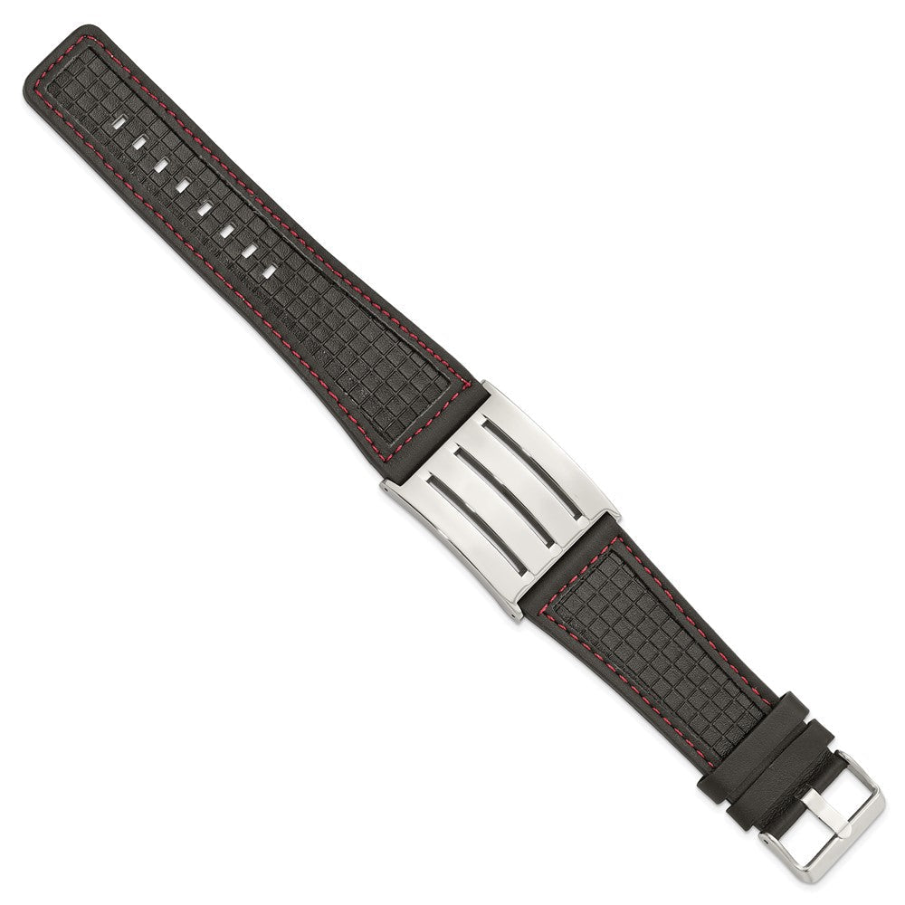 9.25 Zoll Edelstahl Schwarz Leder mit Rot Zierde Poliert Schnalle Armband