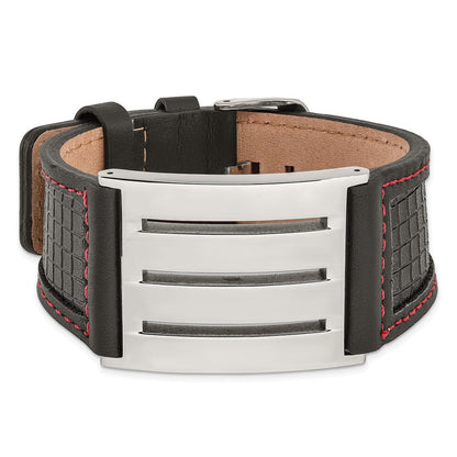 9.25 Zoll Edelstahl Schwarz Leder mit Rot Zierde Poliert Schnalle Armband