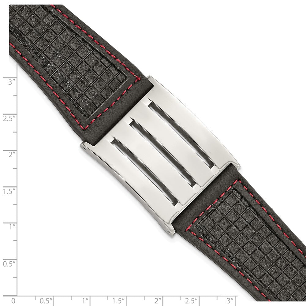 9.25 Zoll Edelstahl Schwarz Leder mit Rot Zierde Poliert Schnalle Armband