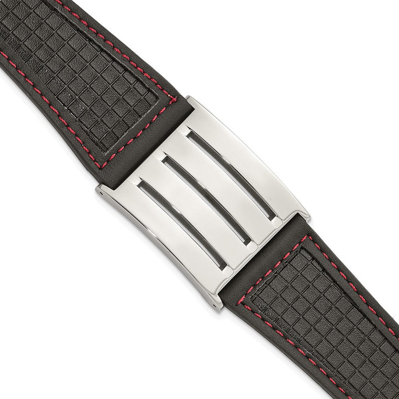 9.25 Zoll Edelstahl Schwarz Leder mit Rot Zierde Poliert Schnalle Armband