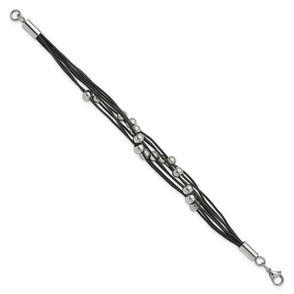 Edelstahl Chisel Poliert Gekugelt Multi-strand Schwarz Leder 8 Zoll Armband