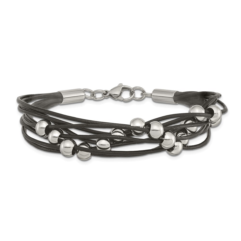 Edelstahl Chisel Poliert Gekugelt Multi-strand Schwarz Leder 8 Zoll Armband