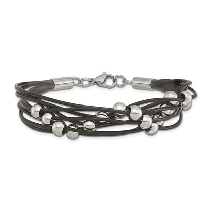 Edelstahl Chisel Poliert Gekugelt Multi-strand Schwarz Leder 8 Zoll Armband