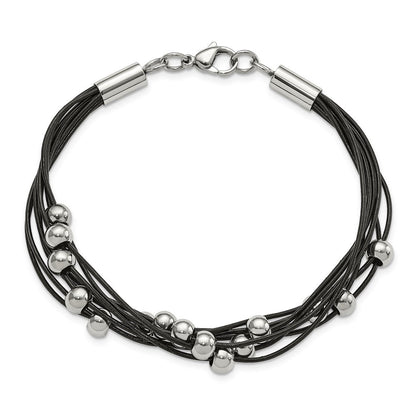 Edelstahl Chisel Poliert Gekugelt Multi-strand Schwarz Leder 8 Zoll Armband