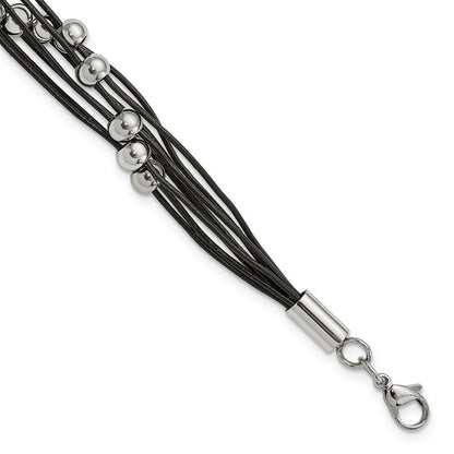 Edelstahl Chisel Poliert Gekugelt Multi-strand Schwarz Leder 8 Zoll Armband