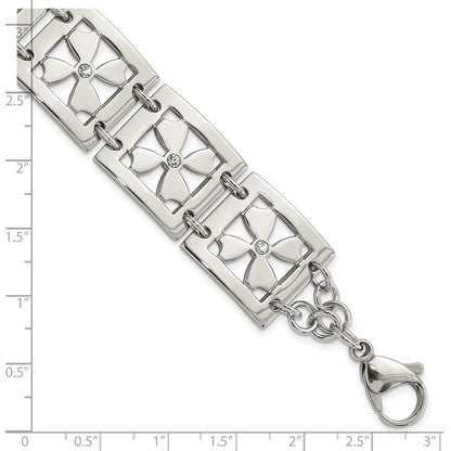 Edelstahl Poliert Zirkonia Blumen Quadratisch 8 Zoll Armband