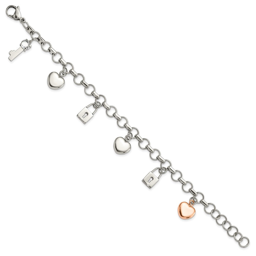 8.5 Zoll Edelstahl Rose Ip-beschichtet Poliert Zirkonia Herz, Schloss & Key mit 1 Zoll Verlängerung Armband