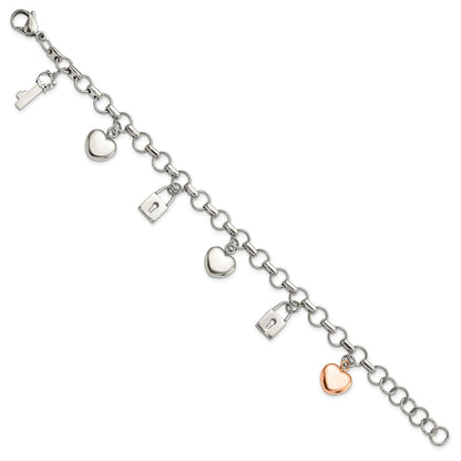 8.5 Zoll Edelstahl Rose Ip-beschichtet Poliert Zirkonia Herz, Schloss & Key mit 1 Zoll Verlängerung Armband