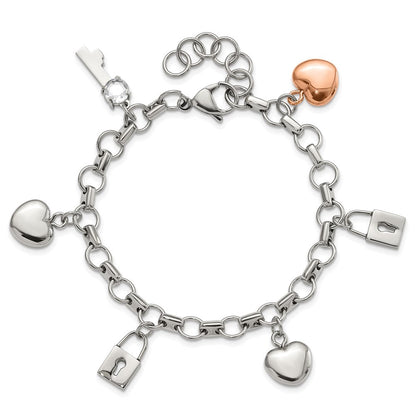 8.5 Zoll Edelstahl Rose Ip-beschichtet Poliert Zirkonia Herz, Schloss & Key mit 1 Zoll Verlängerung Armband