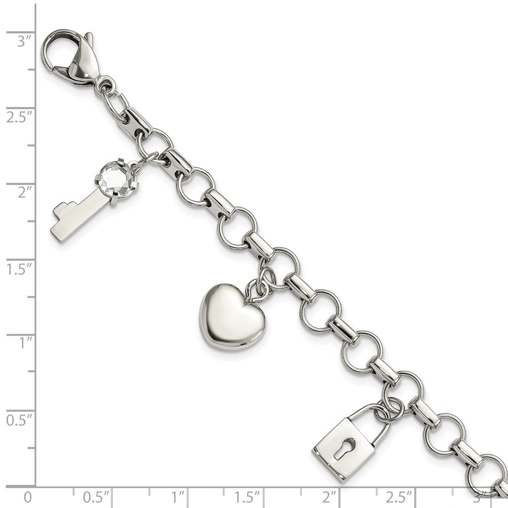 8.5 Zoll Edelstahl Rose Ip-beschichtet Poliert Zirkonia Herz, Schloss & Key mit 1 Zoll Verlängerung Armband