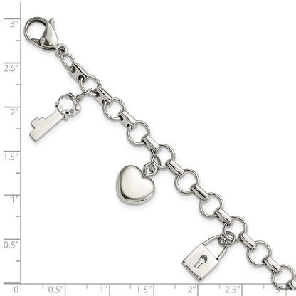 8.5 Zoll Edelstahl Rose Ip-beschichtet Poliert Zirkonia Herz, Schloss & Key mit 1 Zoll Verlängerung Armband