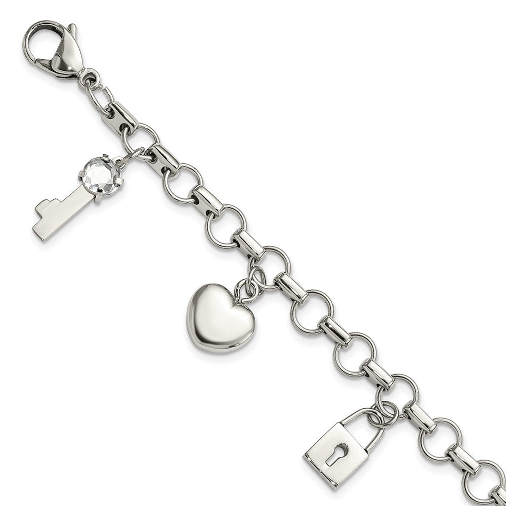 8.5 Zoll Edelstahl Rose Ip-beschichtet Poliert Zirkonia Herz, Schloss & Key mit 1 Zoll Verlängerung Armband