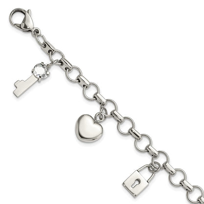8.5 Zoll Edelstahl Rose Ip-beschichtet Poliert Zirkonia Herz, Schloss & Key mit 1 Zoll Verlängerung Armband
