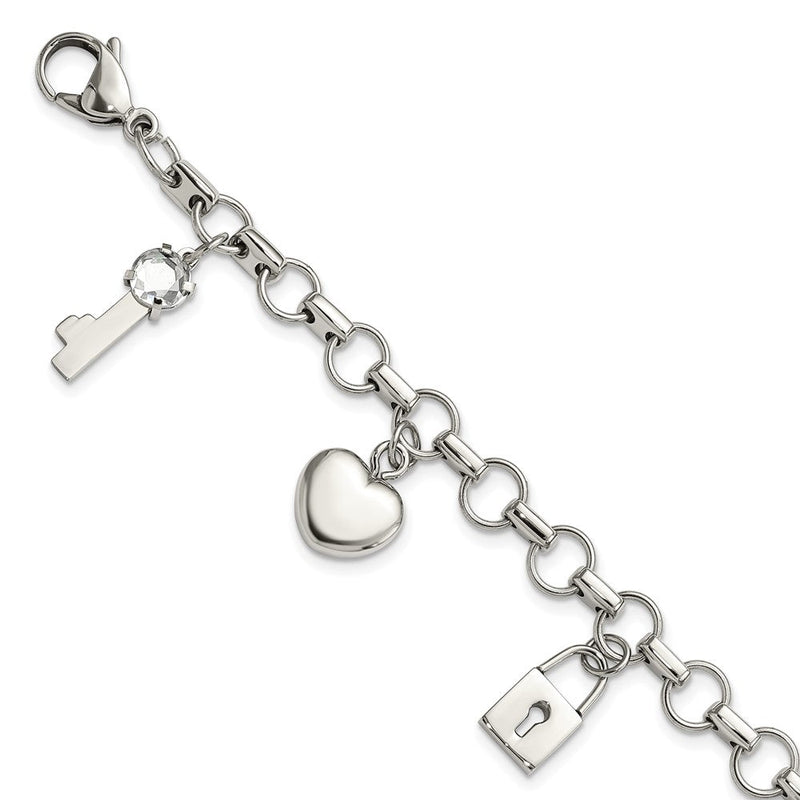8.5 Zoll Edelstahl Rose Ip-beschichtet Poliert Zirkonia Herz, Schloss & Key mit 1 Zoll Verlängerung Armband
