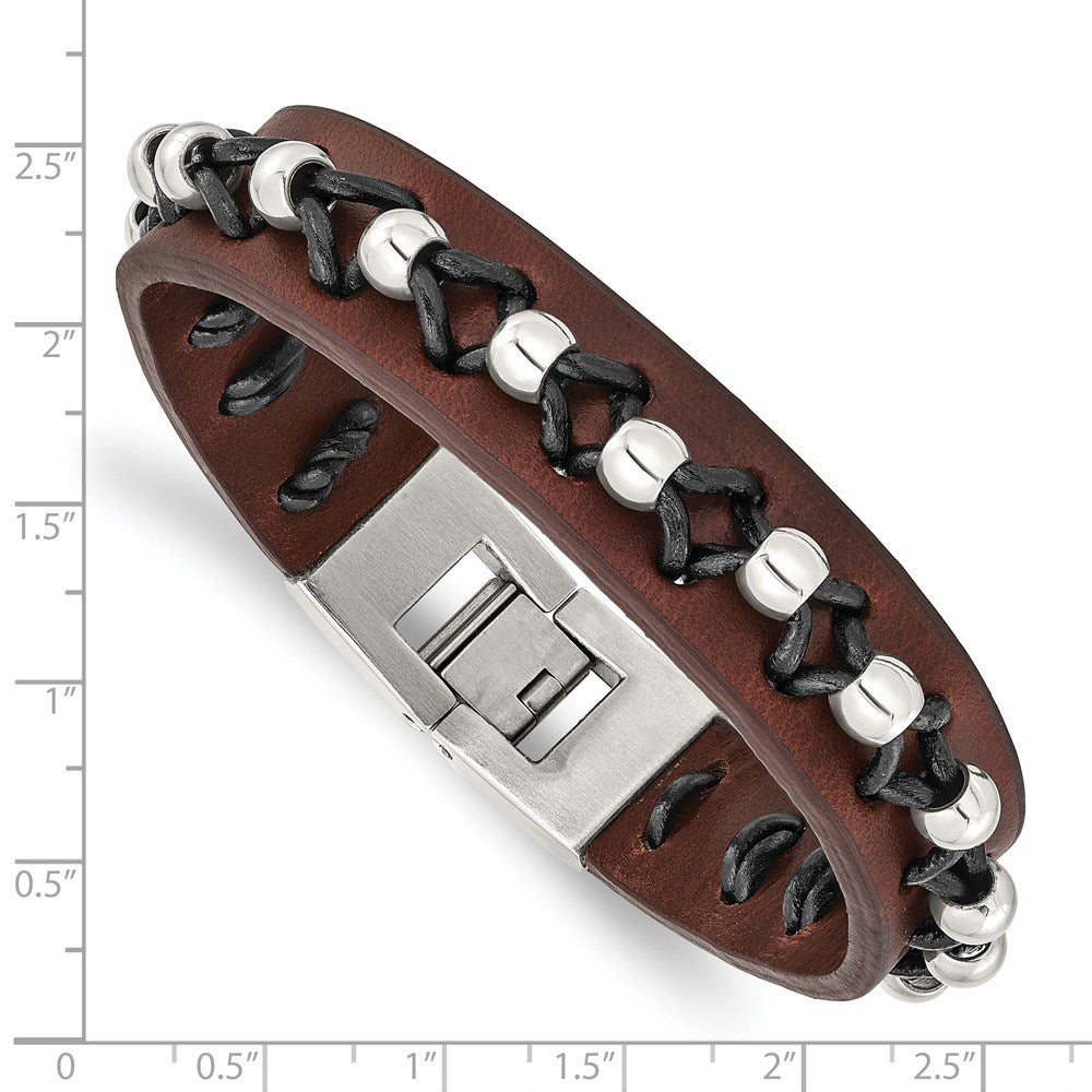 Edelstahl Chisel Schwarz und Braun Leder mit Poliert Perlen 8.5 Zoll Armband