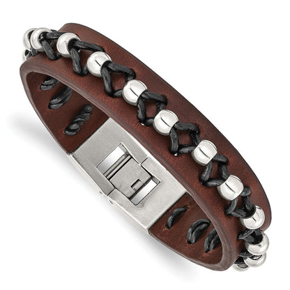 Edelstahl Chisel Schwarz und Braun Leder mit Poliert Perlen 8.5 Zoll Armband