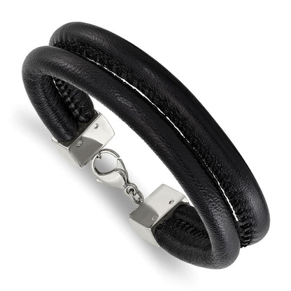 8.5 Zoll Edelstahl Poliert Schwarz Leder Doppelt Reihe 8.5 Zoll Armband