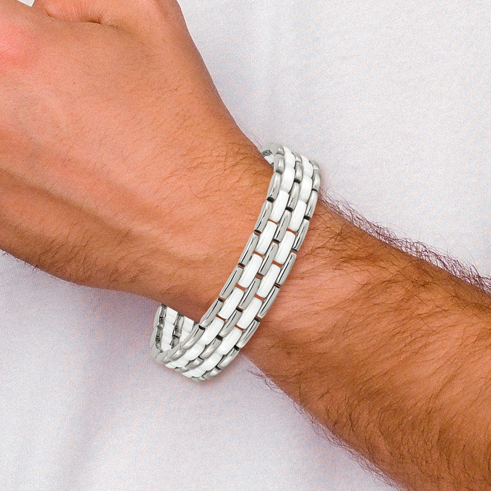 Edelstahl Chisel Poliert mit Doppelt Reihe Weiß Keramik 8.25 Zoll Glieder Armband