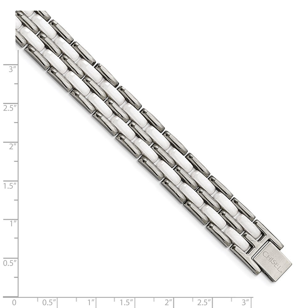 Edelstahl Chisel Poliert mit Doppelt Reihe Weiß Keramik 8.25 Zoll Glieder Armband