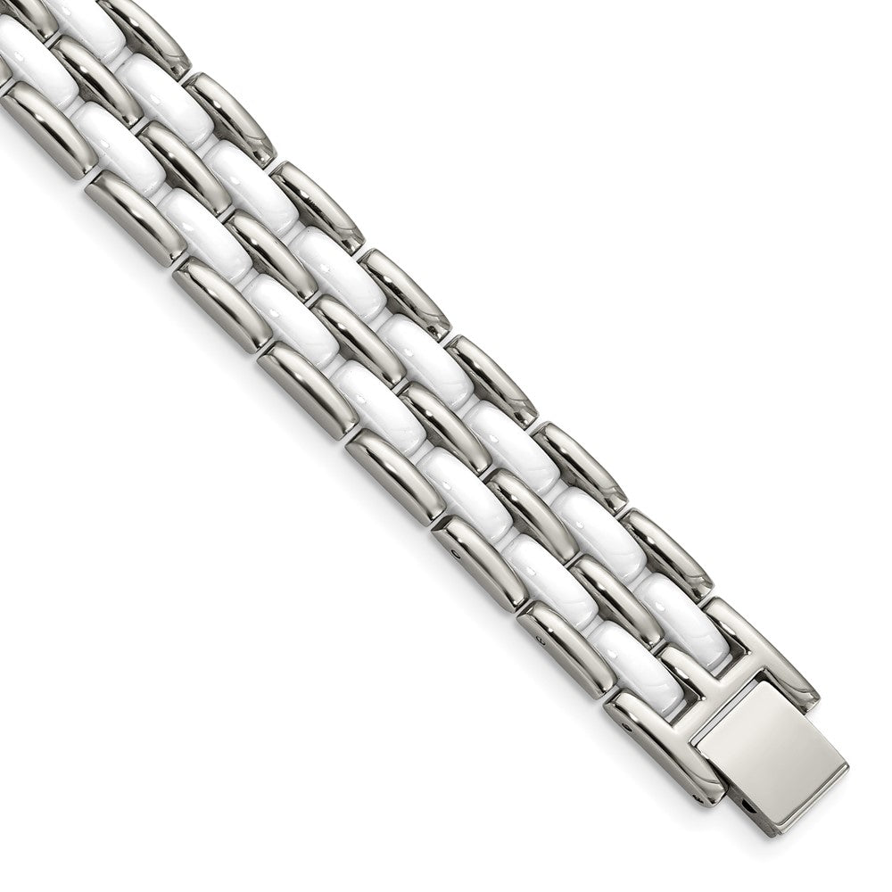 Edelstahl Chisel Poliert mit Doppelt Reihe Weiß Keramik 8.25 Zoll Glieder Armband