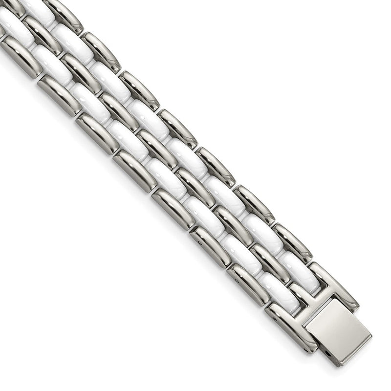 Edelstahl Chisel Poliert mit Doppelt Reihe Weiß Keramik 8.25 Zoll Glieder Armband