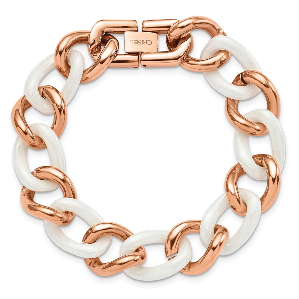7.5 Zoll Chisel Edelstahl Poliert Rose Ip-beschichtet mit Weiß Keramik 8.25 Offen Glieder Armband