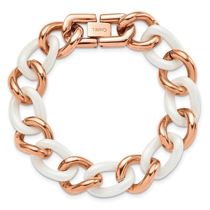 7.5 Zoll Chisel Edelstahl Poliert Rose Ip-beschichtet mit Weiß Keramik 8.25 Offen Glieder Armband
